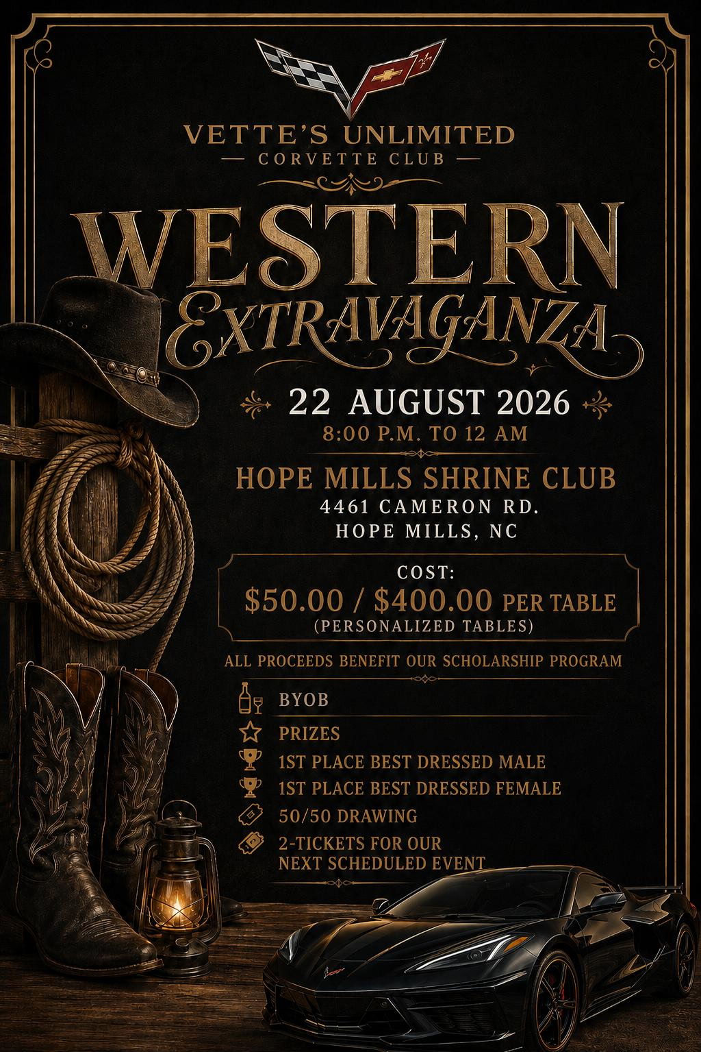 Vette's Unlimited Corvette Club Western Extravaganza flyer, August 22 2026, Hope Mills Shrine Club